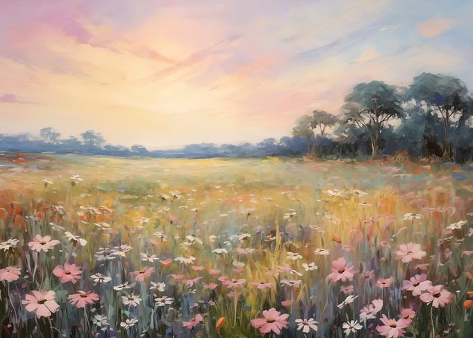 Floral Field Art at Sunset