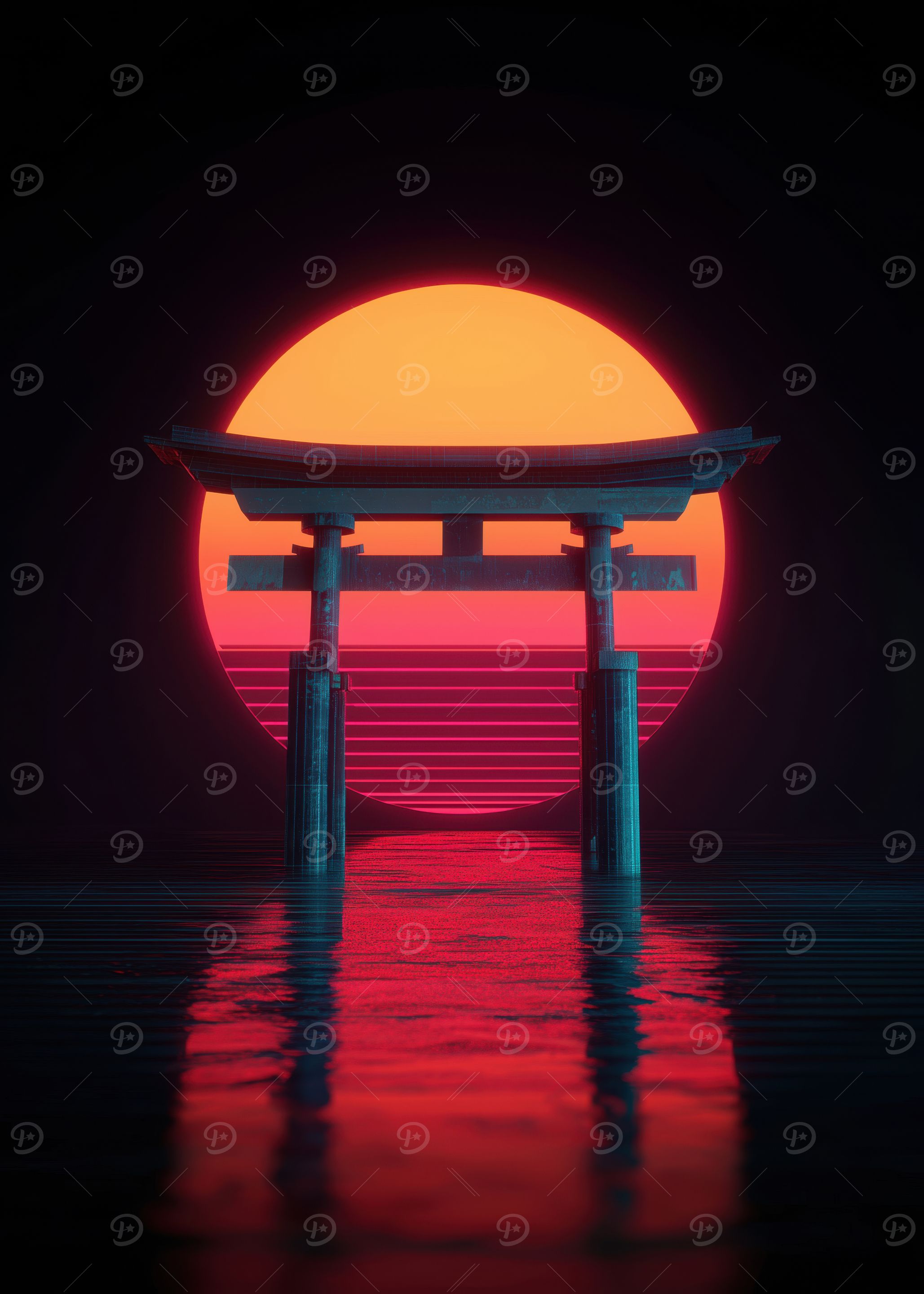 Retro Japanese Torii Gate Sunset