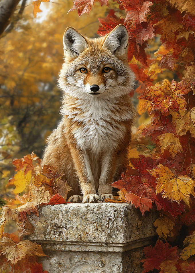 Coyote Portrait with Autumn Leaves