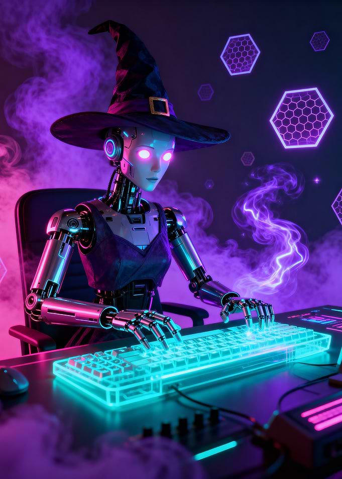 Cyberpunk Witch Robot Typing on Keyboard