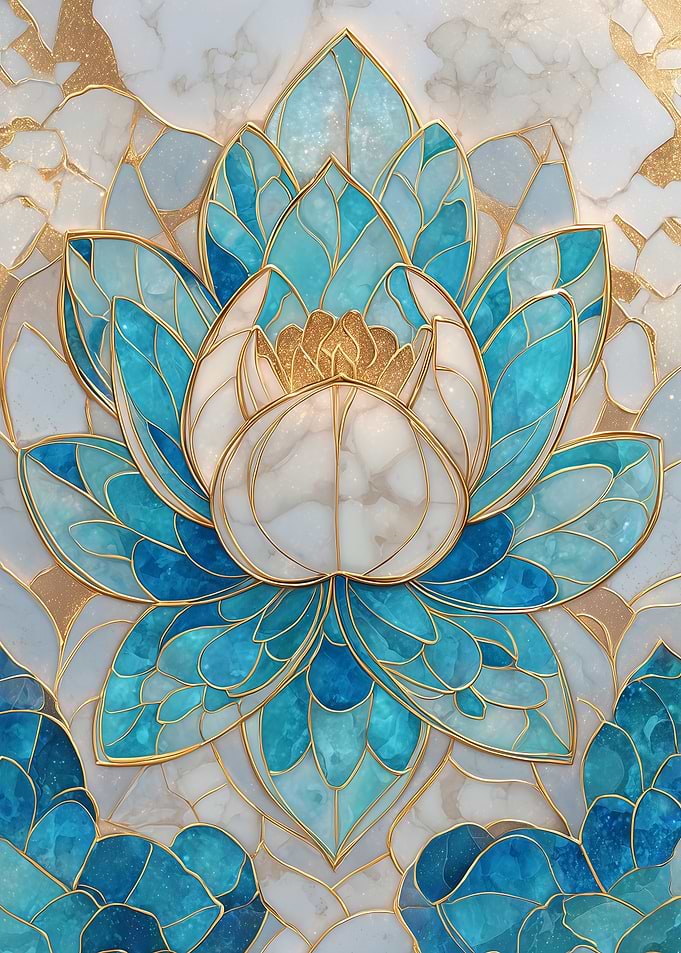 Blue and Gold Lotus Flower Art