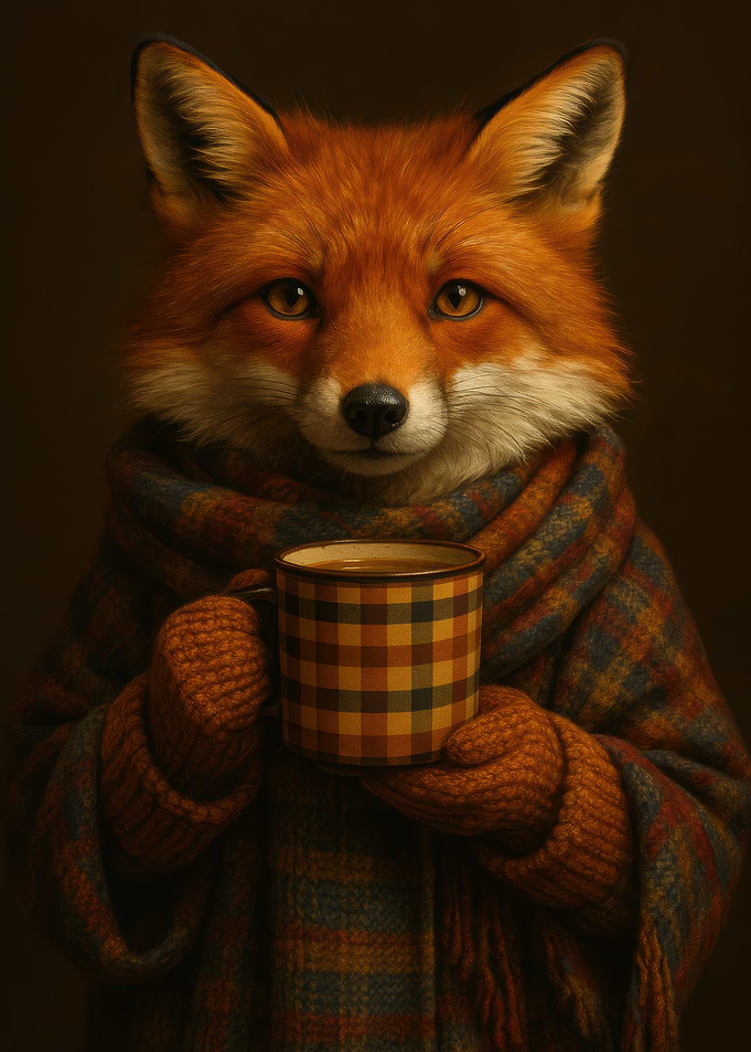 Fox with Coffee Cup and Scarf