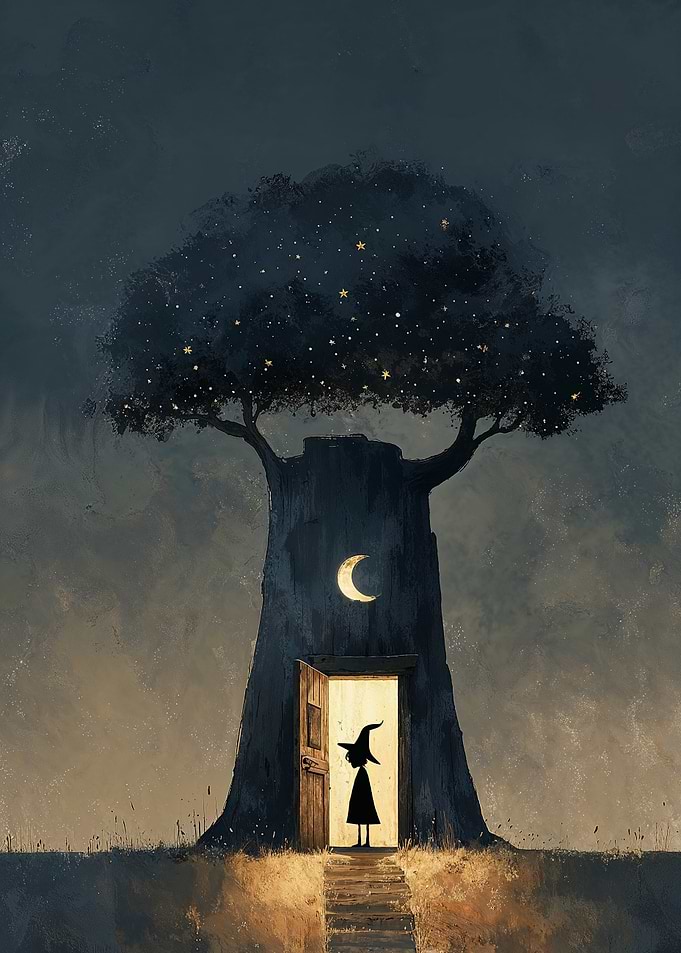 Whimsical Witch Treehouse at Night