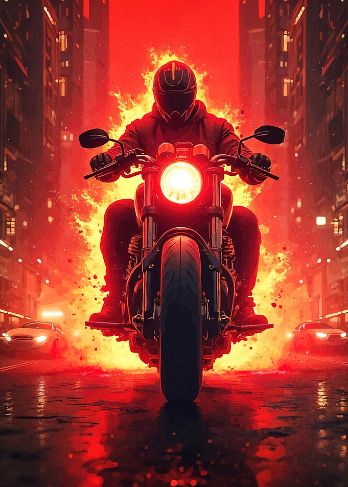 Motorcycle Rider Fiery Cityscape