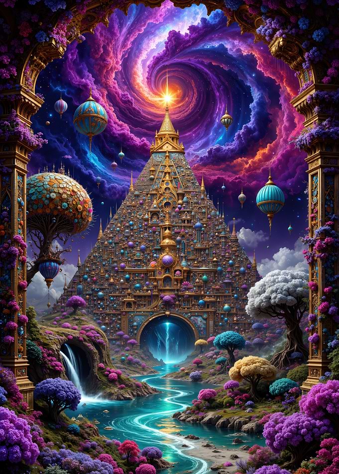 Fantasy Pyramid Landscape with Cosmic Sky