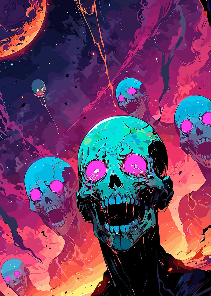 Cosmic Skulls with Pink Eyes