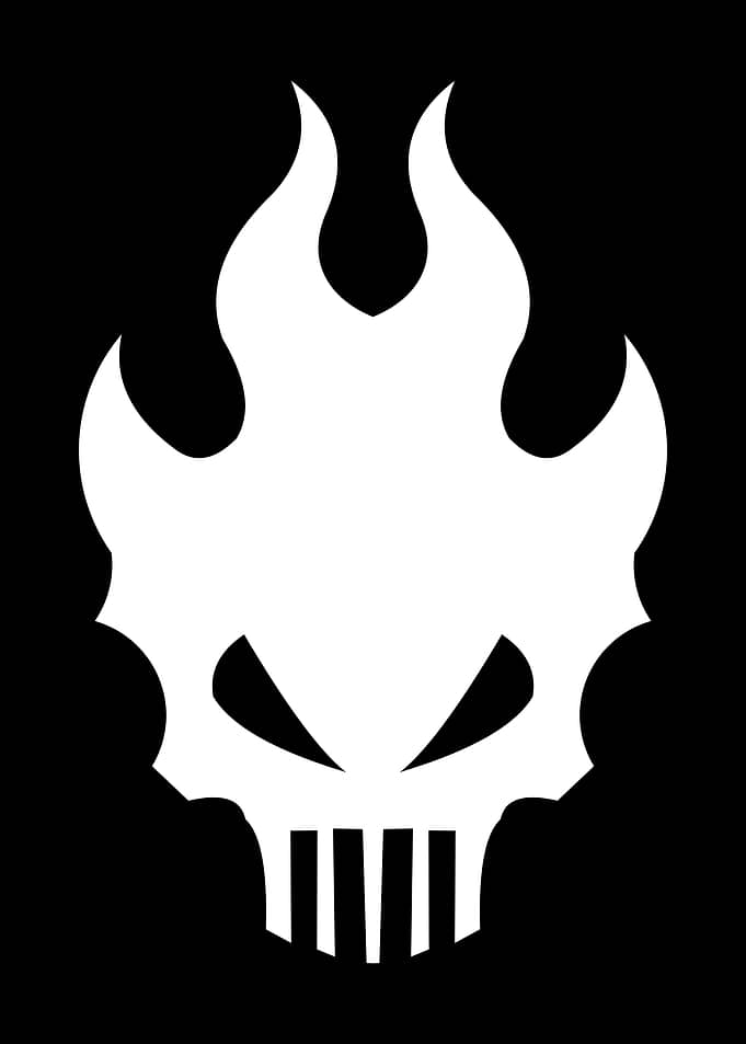 White Skull with Flames on Black