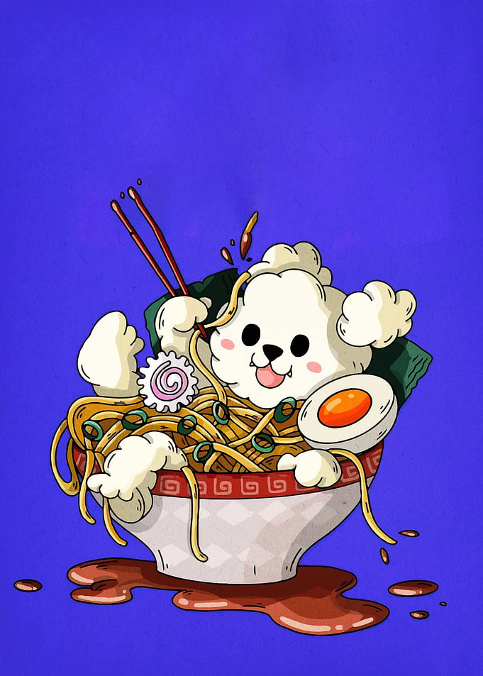 Dog in Ramen Bowl Illustration