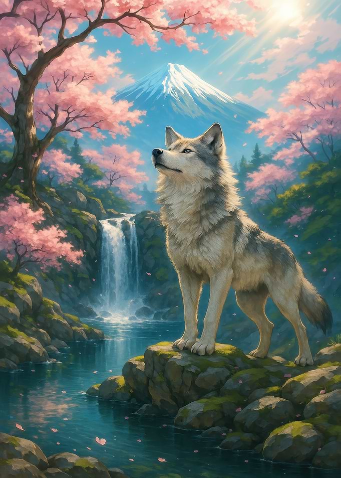 Wolf in a Cherry Blossom Landscape