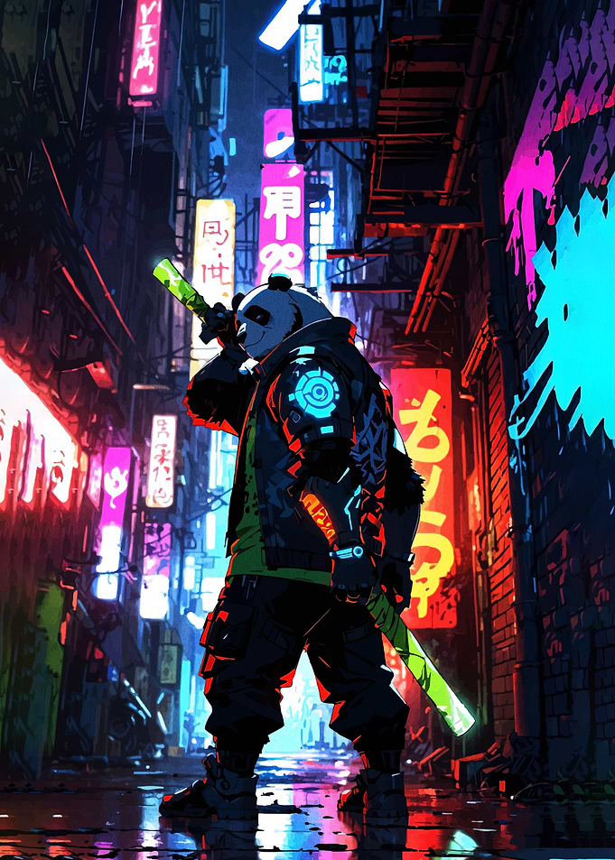 Cyberpunk Panda Warrior in Neon Alley
