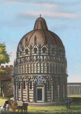 Pisa Baptistery illustration with figures, juan gris painting