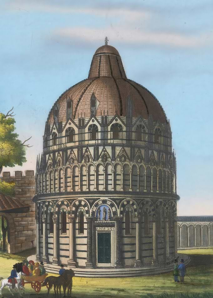 Pisa Baptistery illustration with figures, juan gris painting