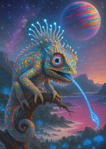 Psychedelic Chameleon in a Fantasy Landscape