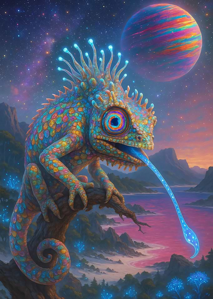 Psychedelic Chameleon in a Fantasy Landscape