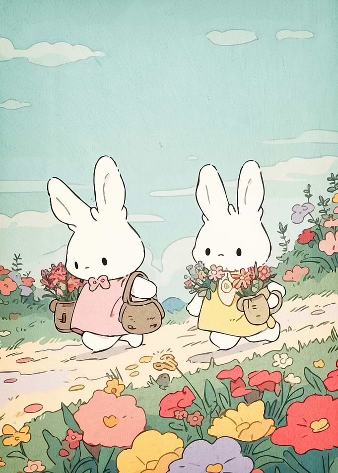 Bunnies Walking Through Flower