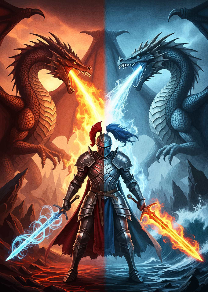 Knight between Fire Ice Dragons