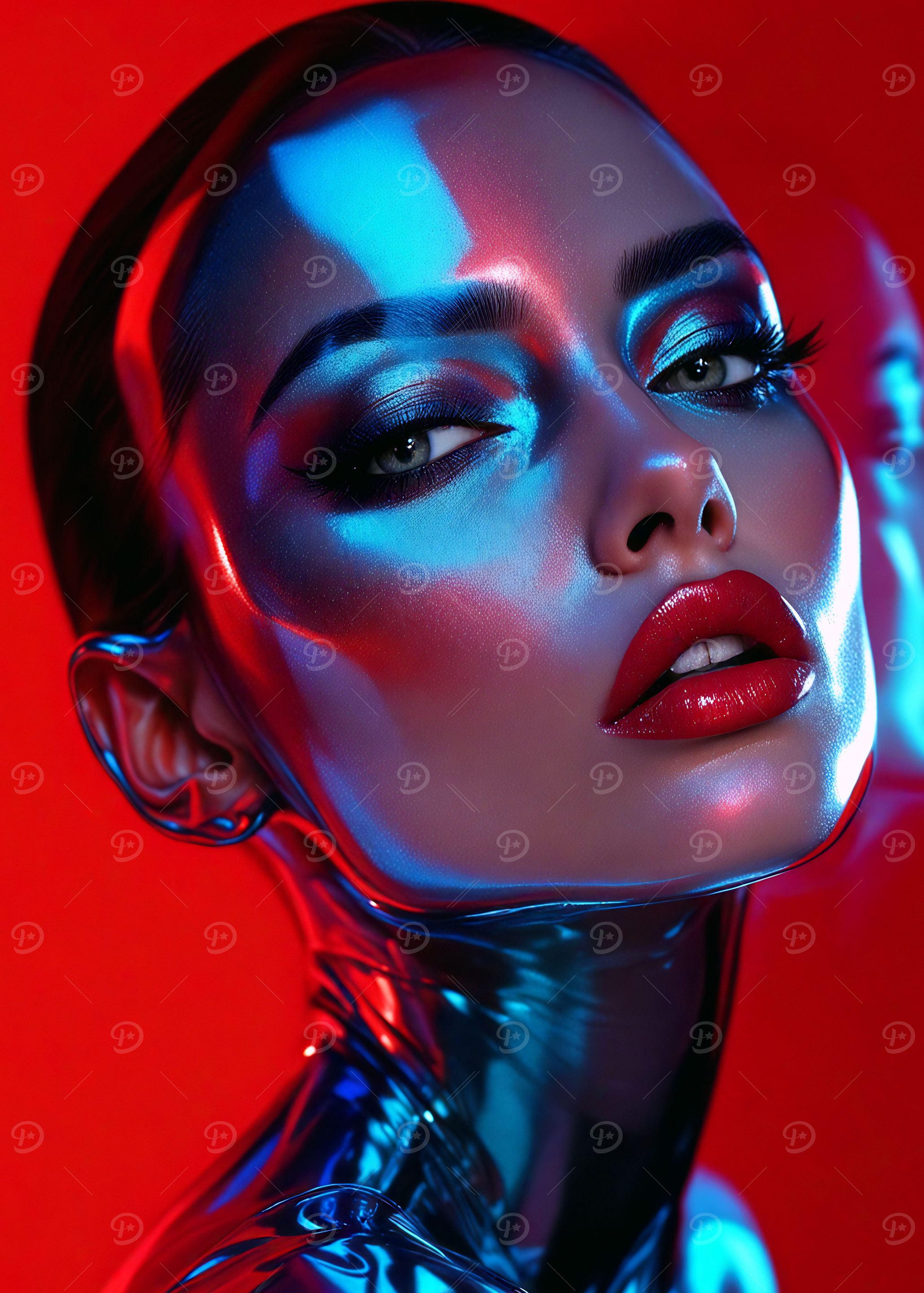 Futuristic Woman Portrait with Red and Blue
