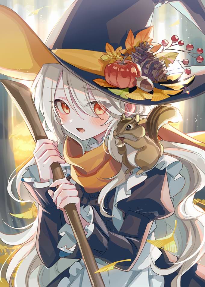 Anime Witch with Squirrel and Autumn Decor