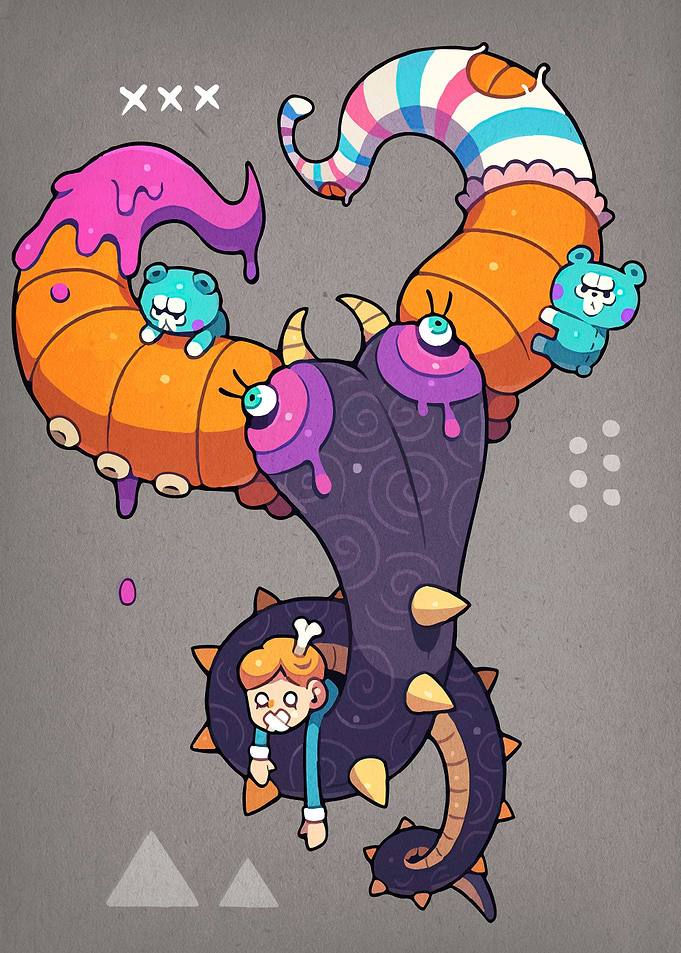 Cartoon Monster with Boy and Bears