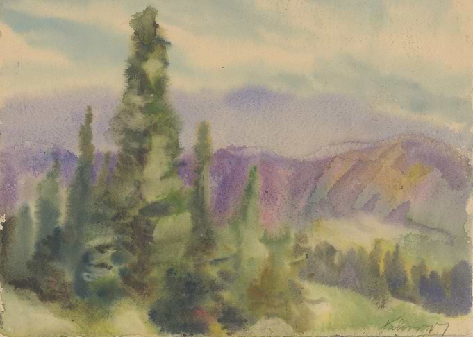 Watercolor Landscape with Trees and Mountains