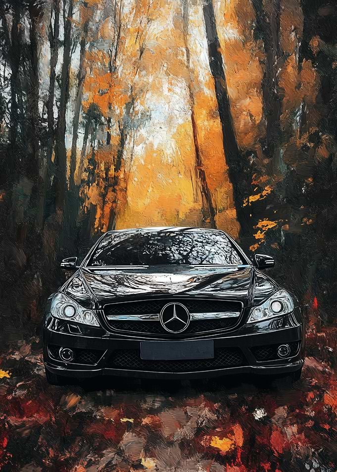 Black Mercedes in Autumn Forest Painting
