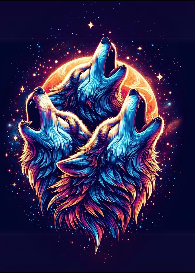 Three Wolves Howling at the Moon