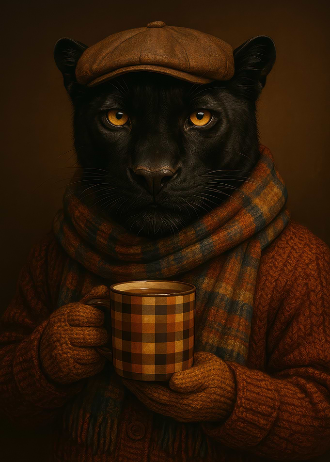 Anthropomorphic Panther with Coffee