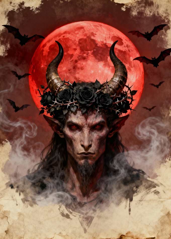 Demon with Horns and Red Moon