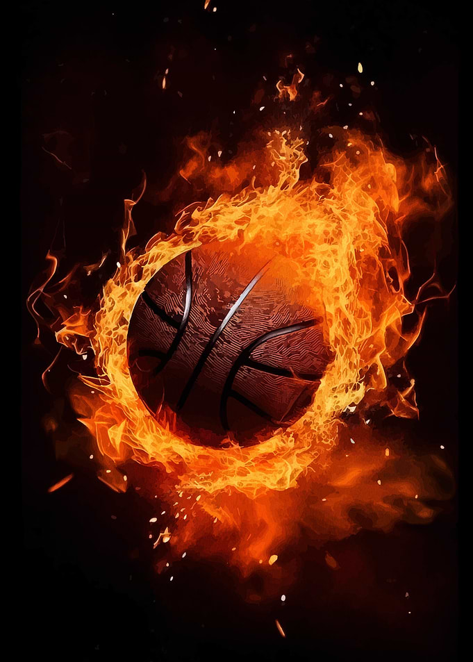 Basketball engulfed in flames on black background