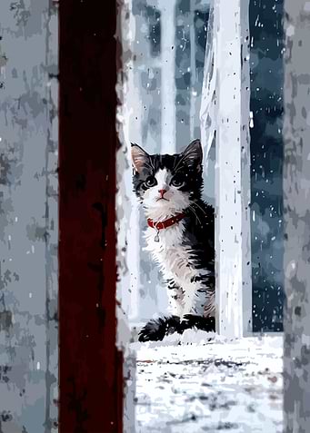Kitten in Window During Snowfall