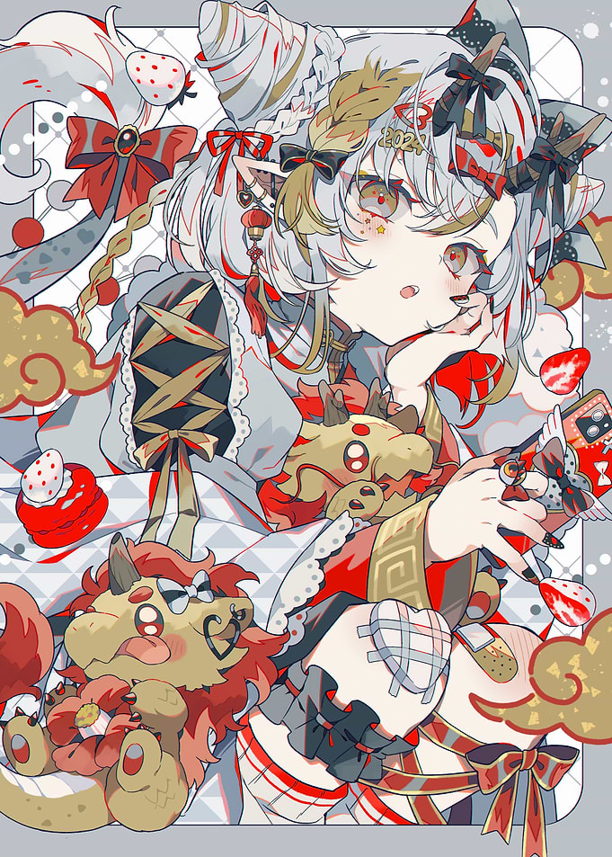 Anime Girl with Plushies and Sweets