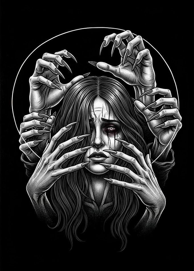 Distressed Woman Surrounded by Hands