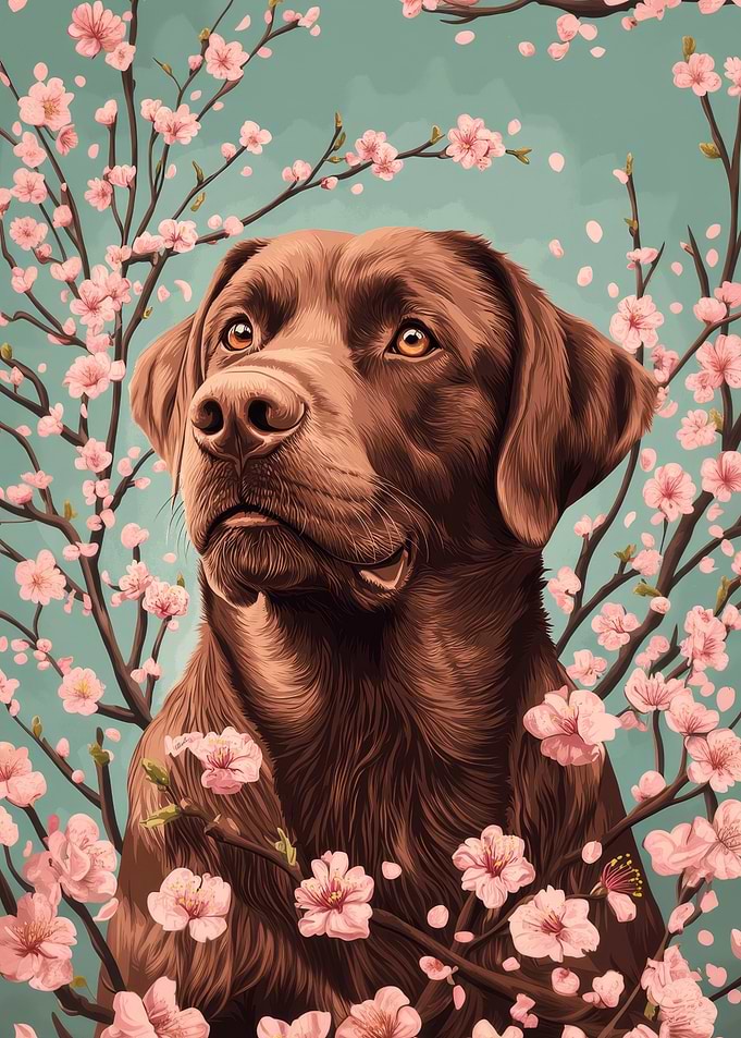Chocolate Labrador with Cherry Blossoms | Labrador floral wall art