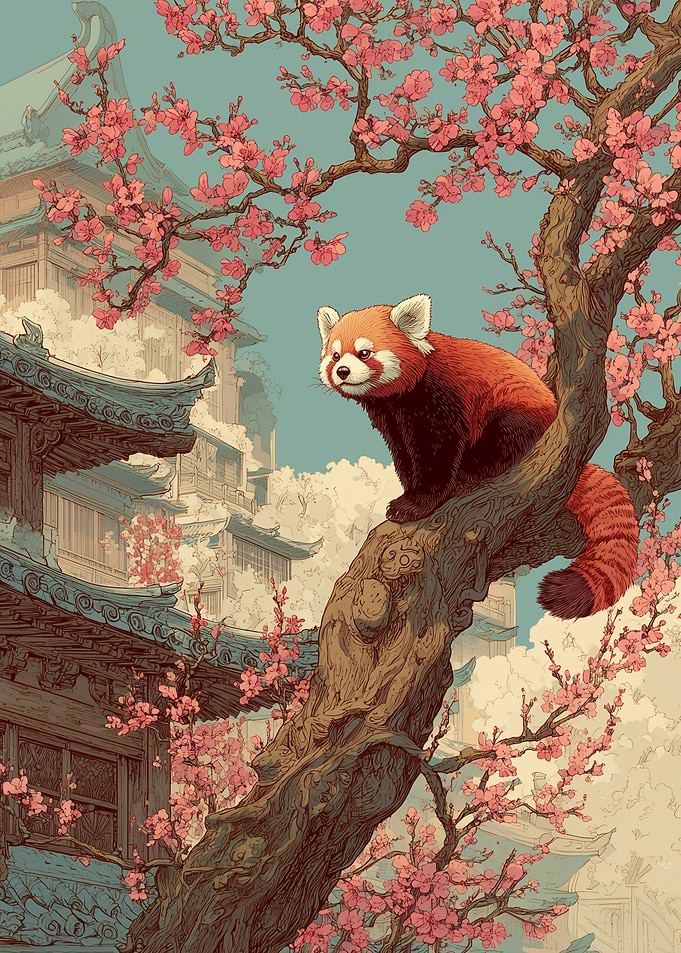 Red Panda in Japanese Cherry Blossoms