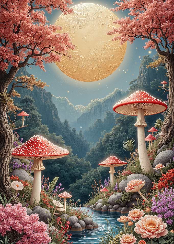 Mushroom Forest with Moonlit River