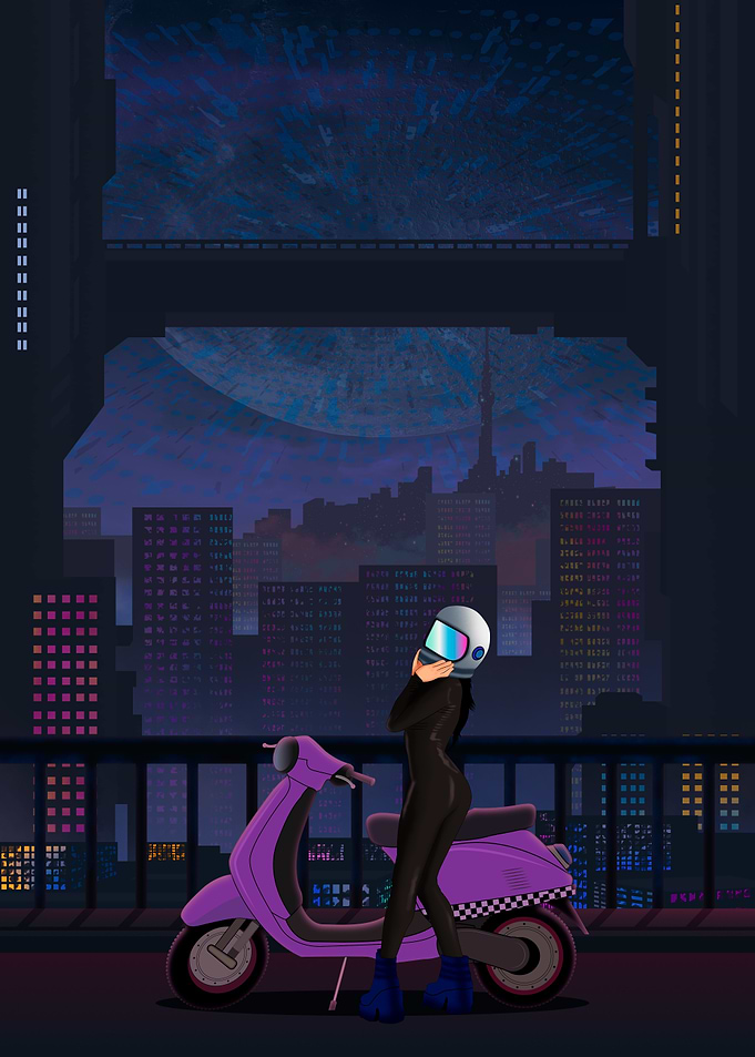 Night Rider with Scooter in Cityscape