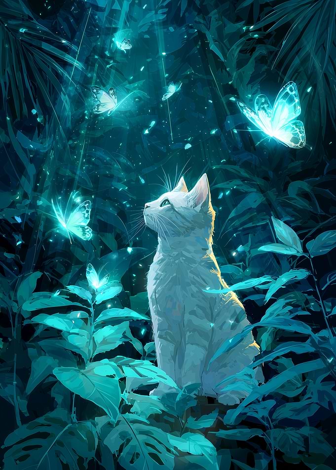 Cat and Butterflies in Teal Forest