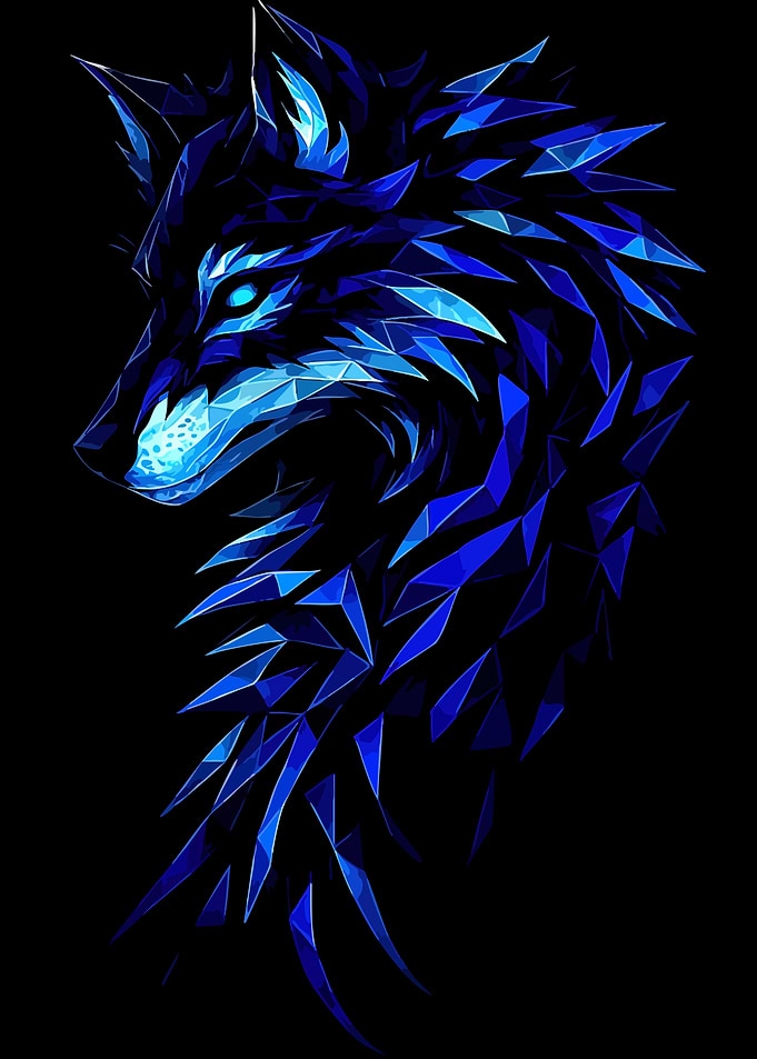 Geometric Blue Wolf Head on Black