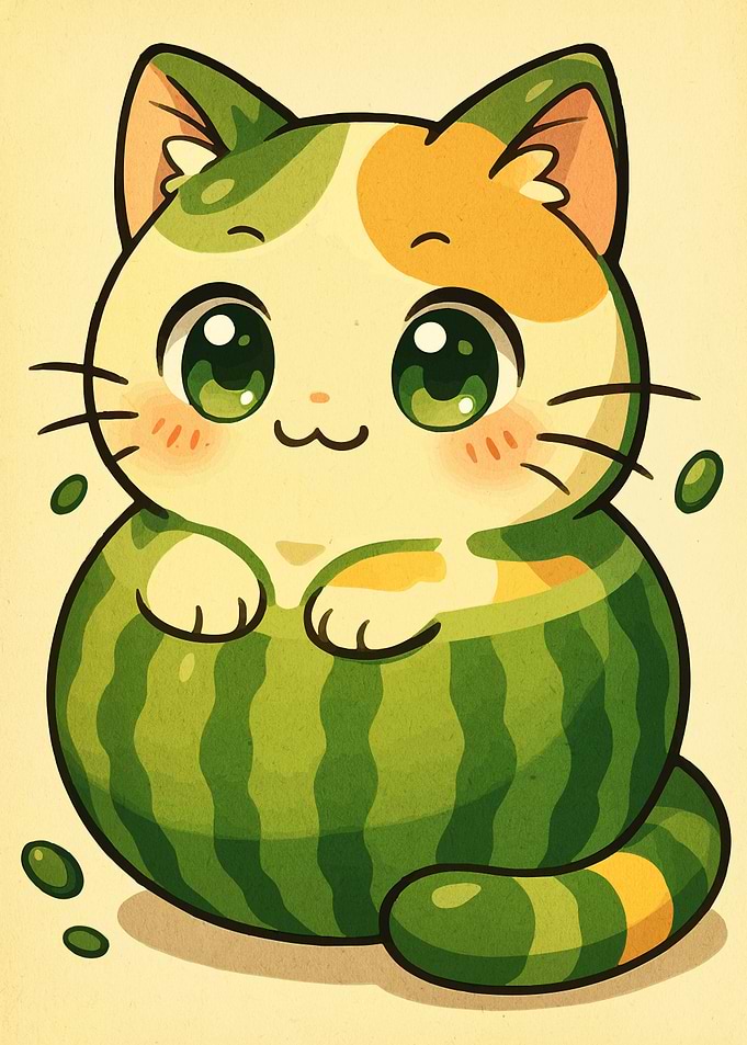 Cute Watermelon Cat Cartoon Illustration