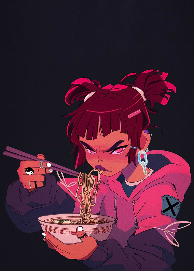Anime Girl Eating Ramen with Chopsticks