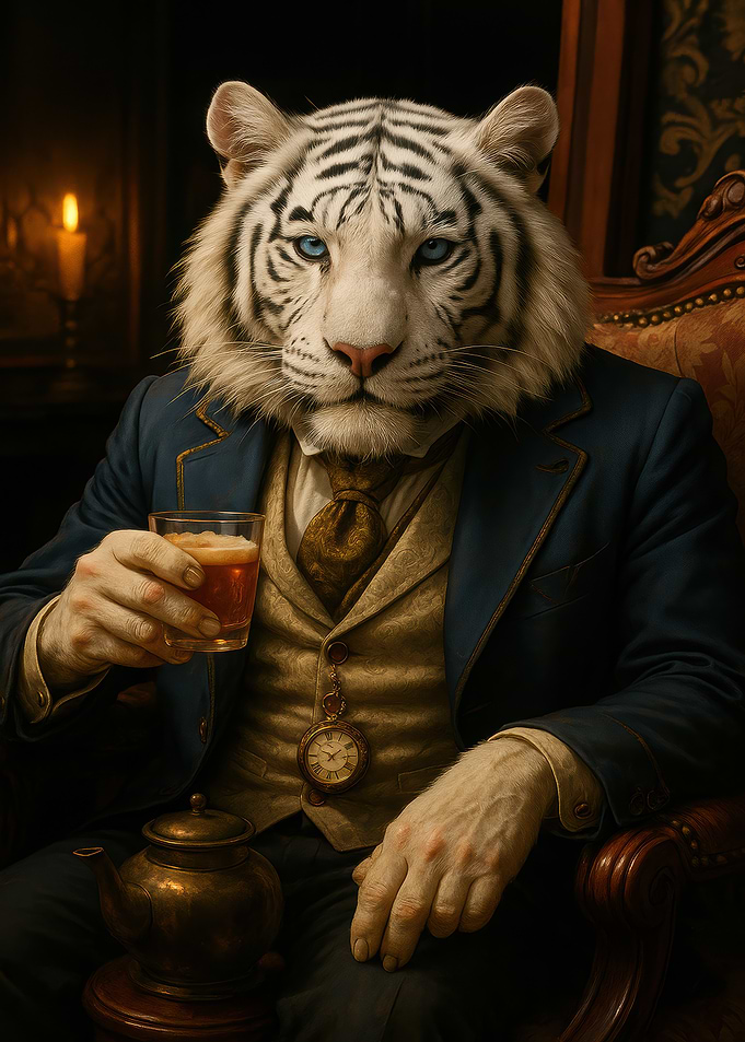 Anthropomorphic Tiger Gentleman Drinking Tea