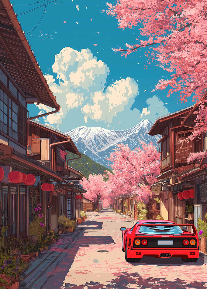 Red Car in Japanese Cherry Blossom