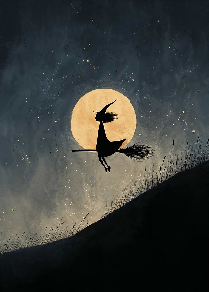 Witch flying on broomstick at night