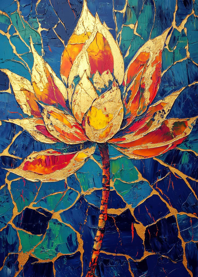 Abstract Lotus Flower Painting with Gold