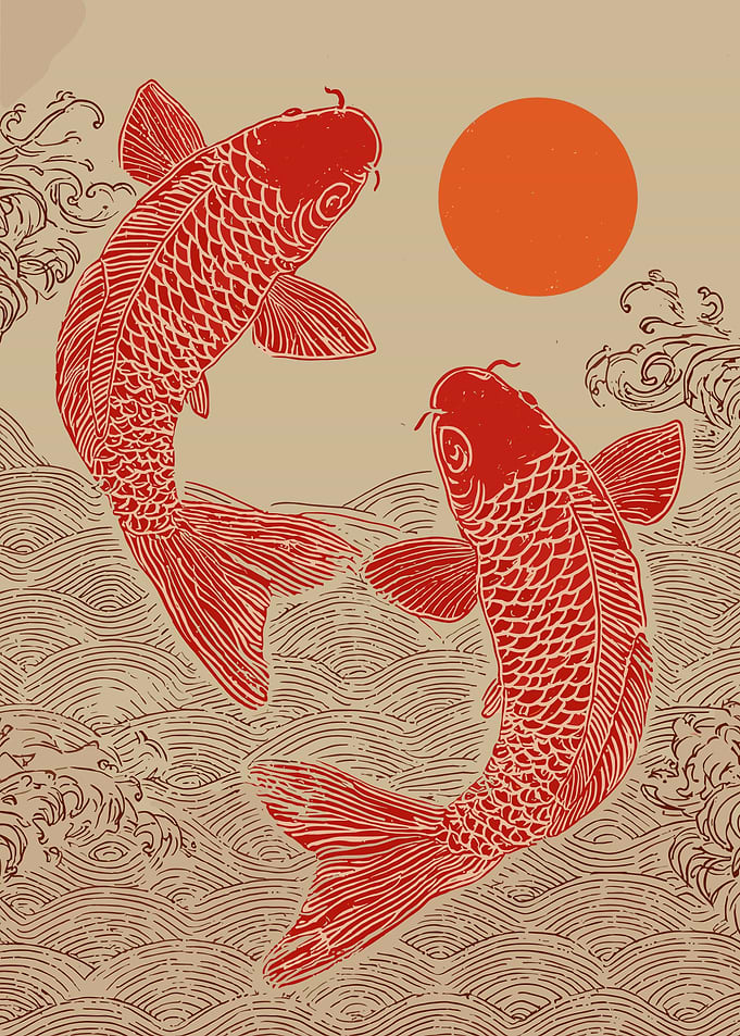 Red Koi Fish with Sun Art