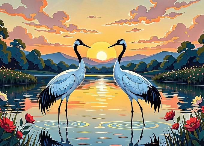 Two Cranes at Sunset