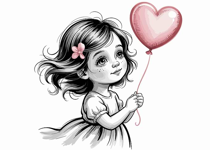 Girl with Heart Balloon Illustration
