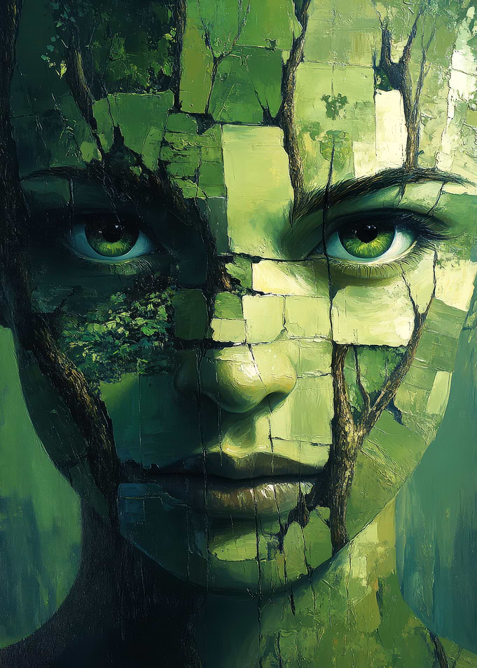 Green Portrait with Tree and Stone Texture