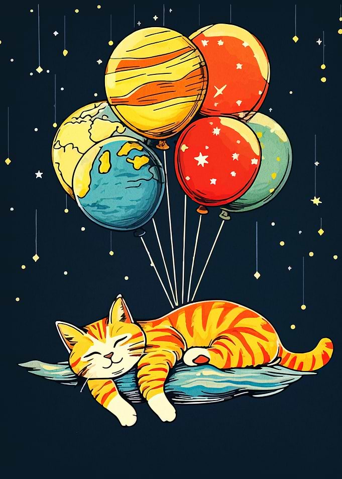 Dreamy Cat with Planet Balloons