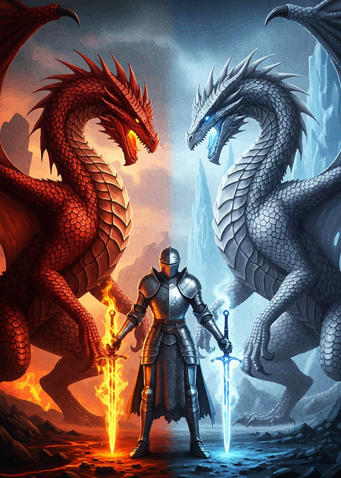 Knight between Fire Ice Dragons